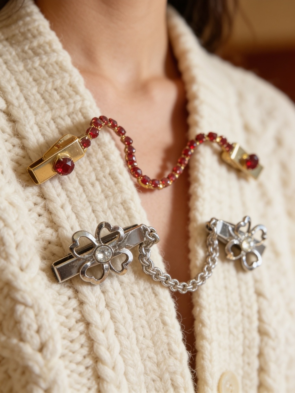 Vintage Gold and Silver Cardigan Clips with Red Rhinestone Chain buyers choice